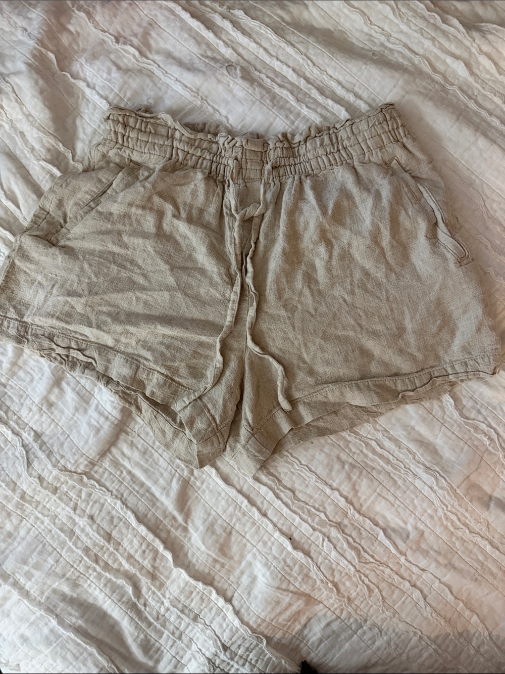 H&M Light Beige High-Waist Linen-Blend Drawstring Shorts
